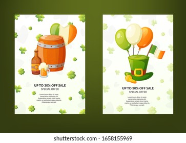 Set of poster designs for St. Patrick's Day. Green shamrock, lucky coins and symbols of Ireland with greeting text.