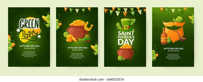 Set of poster designs for St. Patrick's Day. Green shamrock, lucky coins and symbols of Ireland with greeting text.