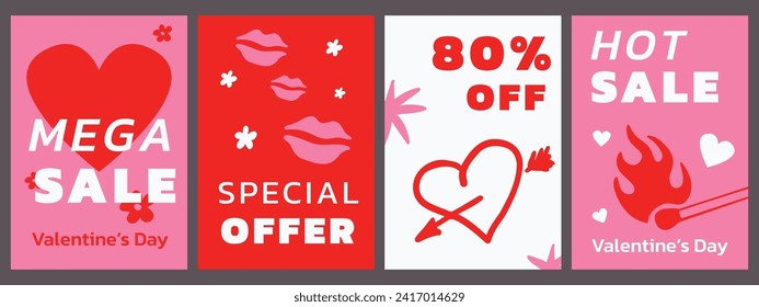 Un conjunto de diseños de afiches para la venta del Día de San Valentín en un estilo ingenuo minimalista. Una plantilla para volantes con corazones cortados, varios elementos dibujados a mano.