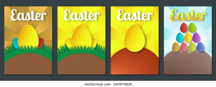 Set of poster for Easter day with egg. Spring scene with text space flyer, banner and template design.