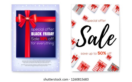 Set of poster for events of sale, price reduction. Black friday. Fifty percent discount. Design of lettering. Top view on gift boxes wrapped in paper with patterns and red bows. Vector concept.