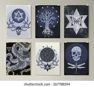 Set of poster, flyer, brochure design templates in gothic style. Symbol, sign for tattoo. Abstract modern backgrounds. 