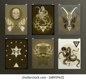 Set of poster, flyer, brochure design templates in gothic style. Symbol, sign for tattoo. Abstract modern backgrounds. 