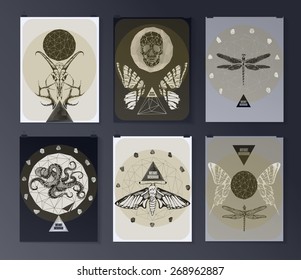 Set of poster, flyer, brochure design templates in gothic style. Symbol, sign for tattoo. Abstract modern backgrounds. 