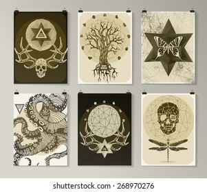 Set of poster, flyer, brochure design templates in gothic style. Symbol, sign for tattoo. Abstract modern backgrounds. 