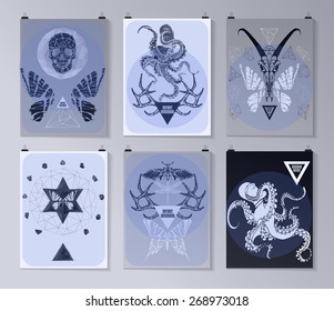 Set of poster, flyer, brochure design templates in gothic style. Symbol, sign for tattoo. Abstract modern backgrounds. 