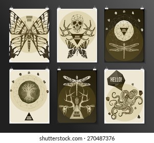 Set of poster, flyer, brochure design templates in gothic style. Symbol, sign for tattoo. Abstract modern backgrounds. 