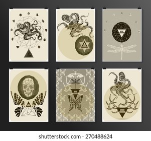 Set of poster, flyer, brochure design templates in gothic style. Symbol, sign for tattoo. Abstract modern backgrounds. 