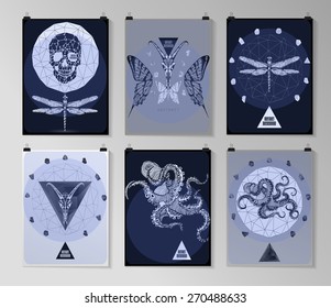 Set of poster, flyer, brochure design templates in gothic style. Symbol, sign for tattoo. Abstract modern backgrounds. 