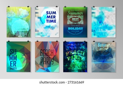 Set of poster, flyer, brochure design templates. Elements for Summer Holidays with colorful background. Calligraphic designs and ornaments 