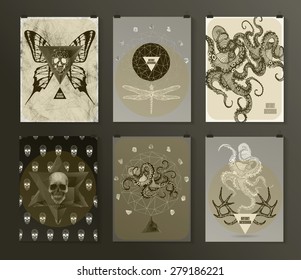 Set of poster, flyer, brochure design templates in gothic style. Symbol, sign for tattoo. Abstract modern backgrounds. 