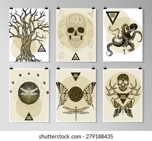 Set of poster, flyer, brochure design templates in gothic style. Symbol, sign for tattoo. Abstract modern backgrounds. 