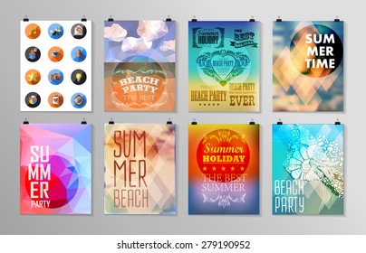 Set of poster, flyer, brochure design templates.. Elements for Summer Holidays with colorful background. Calligraphic designs and ornaments 