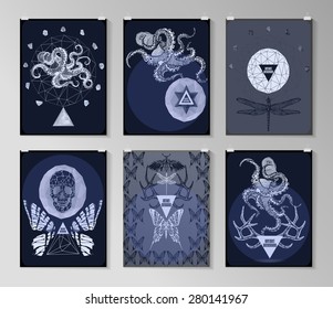 Set of poster, flyer, brochure design templates in gothic style. Symbol, sign for tattoo. Abstract modern backgrounds. 