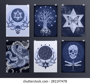 Set of poster, flyer, brochure design templates in gothic style. Symbol, sign for tattoo. Abstract modern backgrounds. 