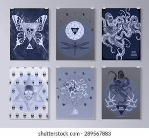 Set of poster, flyer, brochure design templates in gothic style. Symbol, sign for tattoo. Abstract modern backgrounds. 