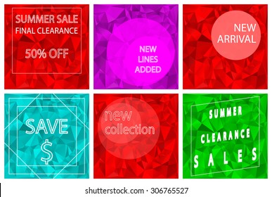 Set of poster, flyer, brochure design templates with text about summer sale, final clearance, new collection, arrival. Abstract modern polygonal backgrounds. used for fashion industry, stores, stock.