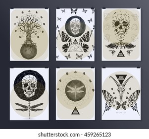Set of poster, flyer, brochure design templates in gothic style. Symbol, sign for tattoo. Abstract modern backgrounds. 