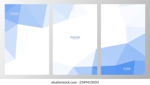 set of poster, flyer and cover with blue white geometric background with triangles