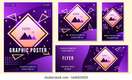 Set Poster, flyer of different templates, trendy editable design with space for photo and text. Futuristic geometric graphic design layout backdrop for social media network. Vector illustration stock.