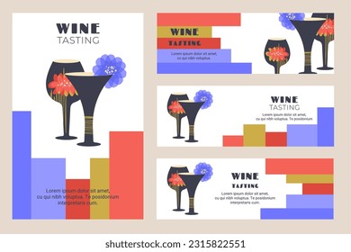 Set of poster, flyer for wine tasting with Modern wineglasses and cocktail glass. Wine event. Creative glasses with flower decor. Vector for invitation, winery bar, restaurant, wine house, party