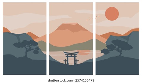 set of poster fuji mountain with torii gate and lake vector illustration design, bundle of template wallpaper or wall art 