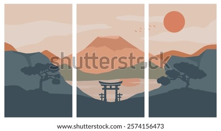 set of poster fuji mountain with torii gate and lake vector illustration design, bundle of template wallpaper or wall art 