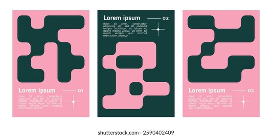 set of poster with geometric shapes pattern. brutalism, y2k, futuristic style. stars, liquid connected dots, line shapes. elements form, modern design for card, invitation, wallpaper, poster