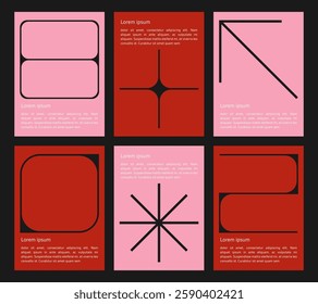 set of poster with geometric shapes pattern. brutalism, y2k, futuristic style. stars, liquid connected dots, line shapes. elements form, modern design for card, invitation, wallpaper, poster