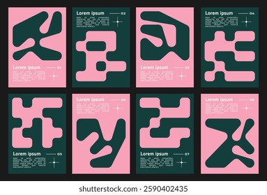 set of poster with geometric shapes pattern. brutalism, y2k, futuristic style. stars, liquid connected dots, line shapes. elements form, modern design for card, invitation, wallpaper, poster