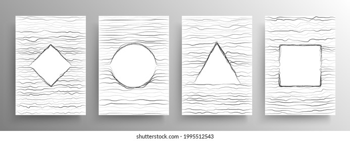 Set of poster with geomtry shapes in linear distortion style. Abstract figures in wavy horizonatal lines style. Design for poster, placard and wall decoration. Vector. Eps 10.