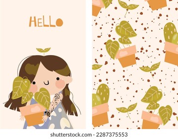Set of poster with girl and flowers, pattern with cactus and flowers in pots. Garden and gardening for a poster, cover or background.
