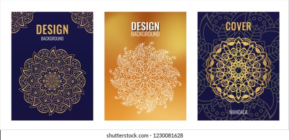 Set poster Golden mandala on dark blue background. Luxury elegant cover. Decorative ornate round mandala. A symbol of life and health. Vector illustration.