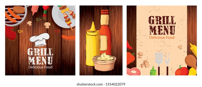 set poster of grill menu with delicious food in wooden background vector illustration design