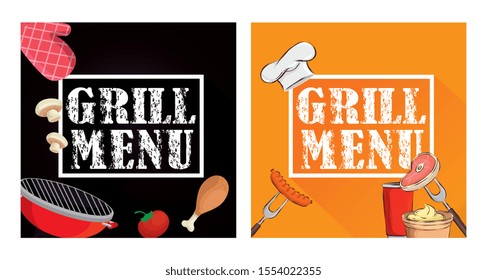 set poster of grill menu with delicious food vector illustration design