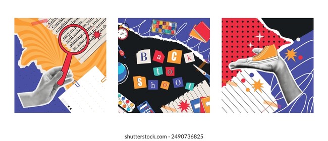 Set of poster in halftone style. Back to school. Supply. Autumn holiday. Trendy modern template. Collage of posters. Torn paper. Business. Training and knowledge. Effect. Funky punk. Stickers. Element