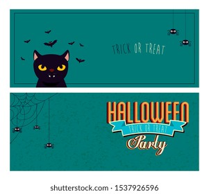 set of poster halloween with cat black and bats flying vector illustration design