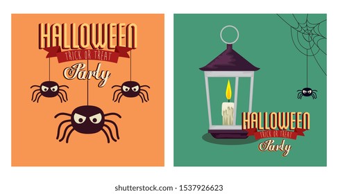 set of poster halloween with spiders and lamp vector illustration design