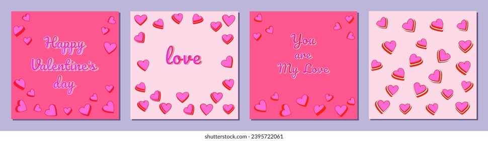 Set poster Happy Valentine’s Day. Lettering you are my love. Set of festive vector templates with cartoon hearts. Universal unique cute design. Graphics of post banner, print, flayer, sale, decorative