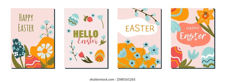  Set poster Happy Easter! Vector cute    backgrounds  with  easter eggs and colorful spring flowers. 