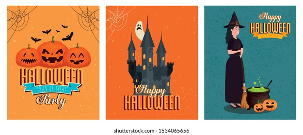 set of poster happy halloween with decoration vector illustration design