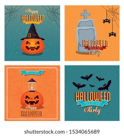 set of poster happy halloween with decoration vector illustration design