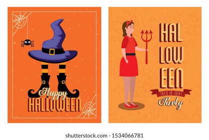 set of poster happy halloween with decoration vector illustration design