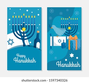 set poster of happy hanukkah with decoration vector illustration design