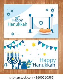 set poster of happy hanukkah with decoration vector illustration design