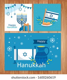 set poster of happy hanukkah with decoration vector illustration design