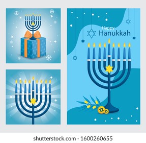 set poster of happy hanukkah with decoration vector illustration design