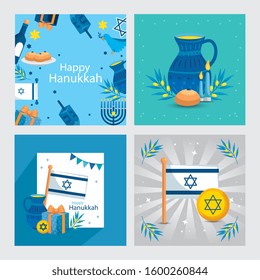 set poster of happy hanukkah with decoration vector illustration design