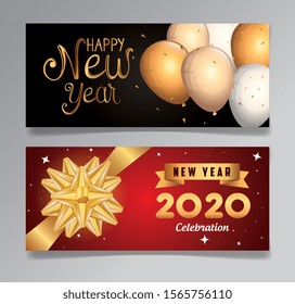 set poster of happy new year 2020 with decoration vector illustration design