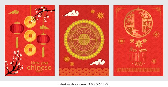 set poster of happy new year chinese with decoration vector illustration design